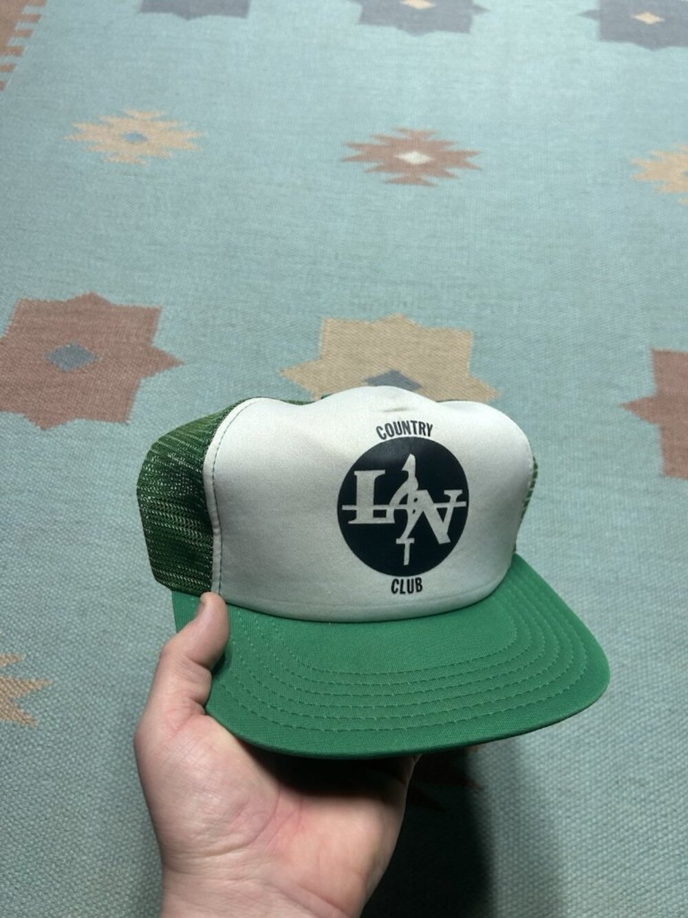 Vintage trucker hat mesh cap LAN country club Lansing Michigan green white snap